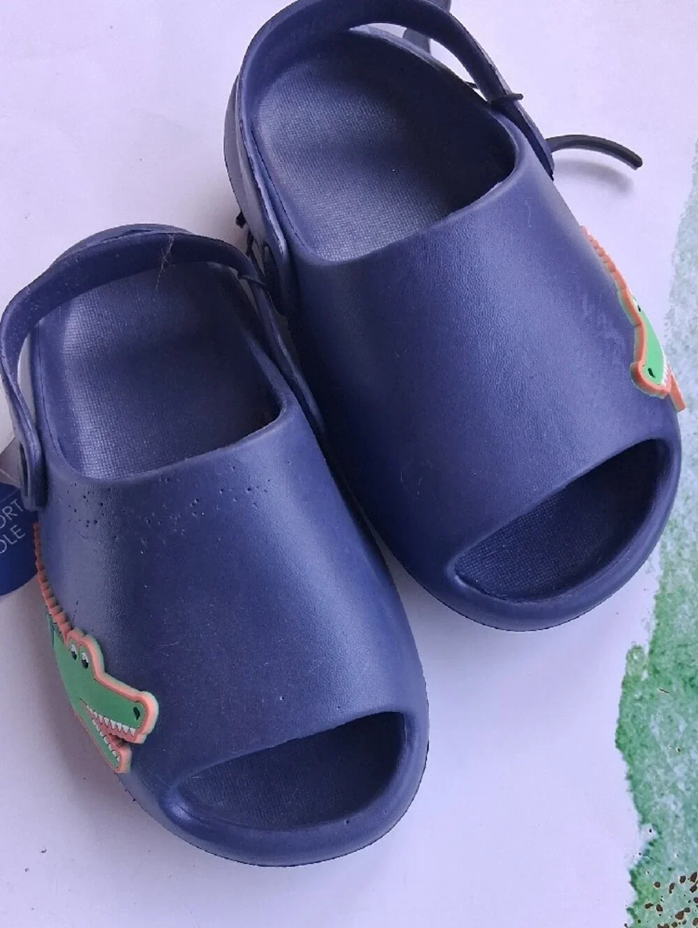 Kids Navy Slide Sandals with Green Crocodile Accent - Comfortable Slip-On